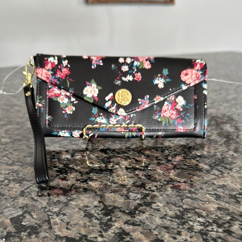 Bandolino Black and Pink Wallet Wristlet with Floral Design NWOT